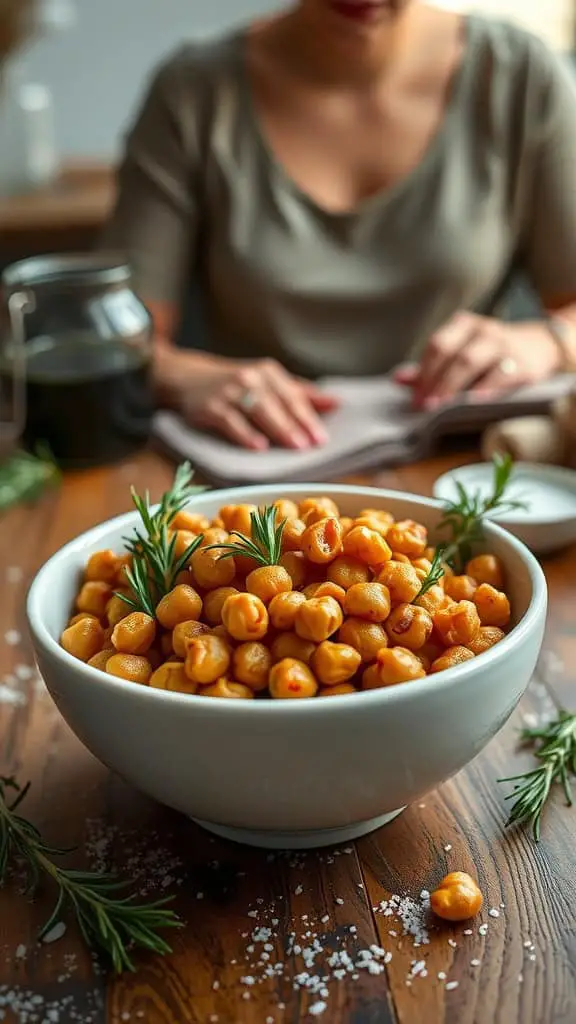 Bowl of rosemary and sea salt roasted chickpeas