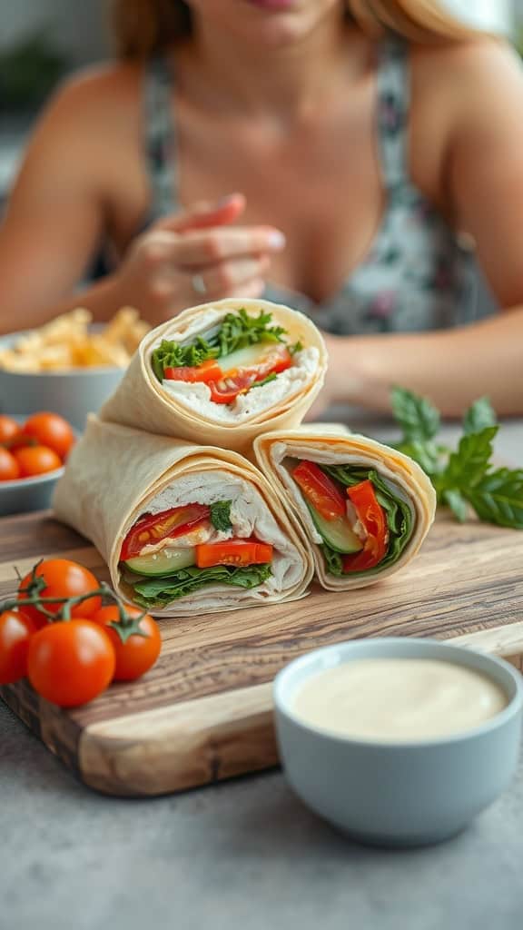 Healthy rotisserie chicken wraps with fresh vegetables