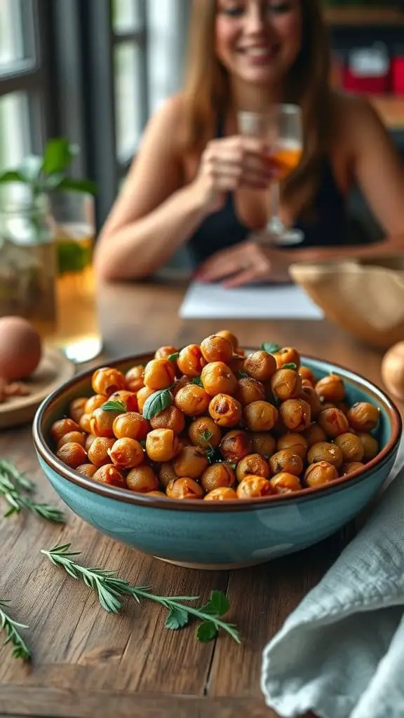 A bowl of crispy roasted chickpeas seasoned with salt and vinegar, ready to be served as a snack.