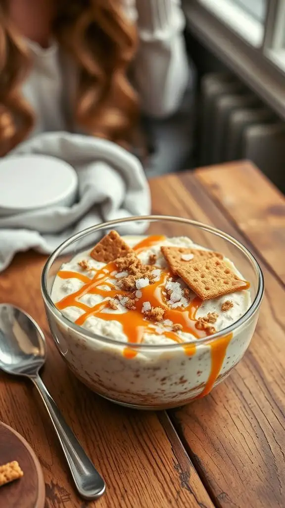 A bowl of salted caramel cheesecake overnight oats topped with graham crackers and caramel drizzle.