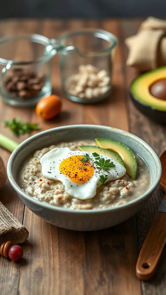 Savory high-protein overnight oats topped with a fried egg and avocado slices.