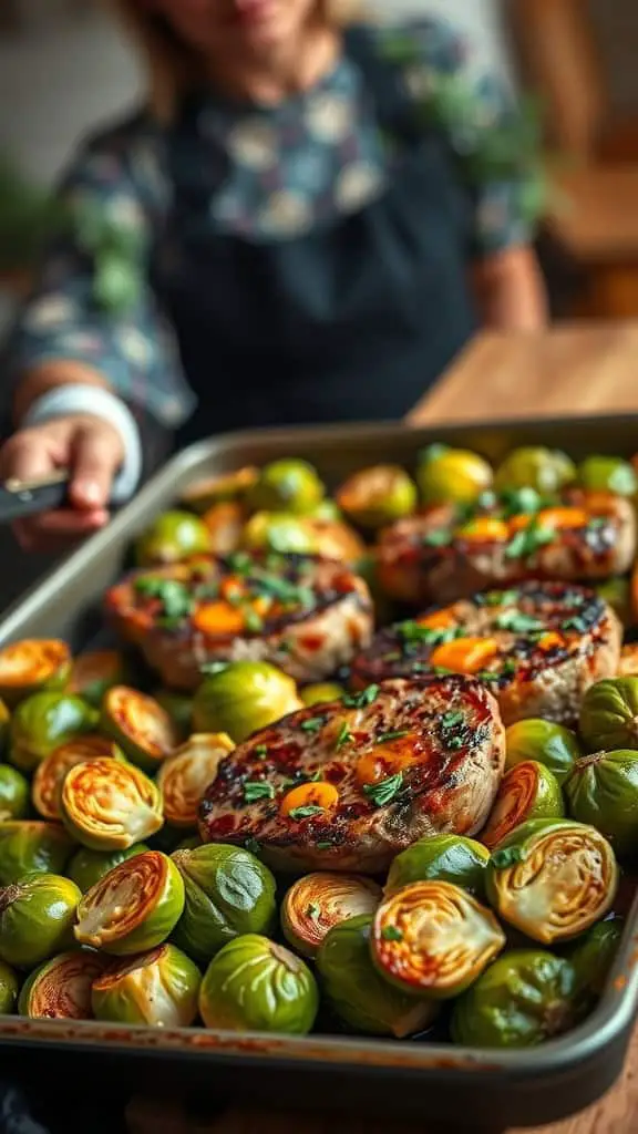 Garlic butter steak bites with Brussels sprouts on a sheet pan