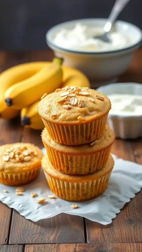 Simple banana muffins with Greek yogurt and oats stacked on a wooden board.