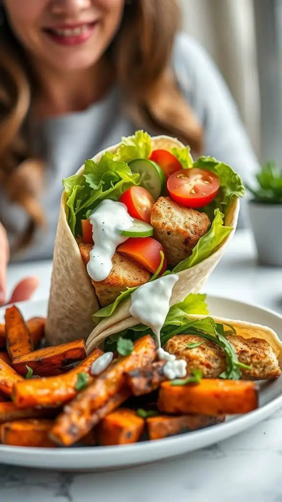 Chicken wrap with Greek yogurt dressing, filled with fresh vegetables