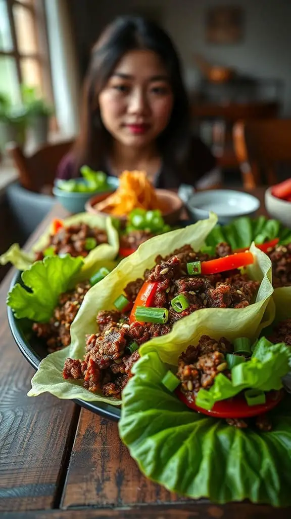 A delicious serving of Korean ground beef bulgogi in lettuce cups, garnished with fresh vegetables.