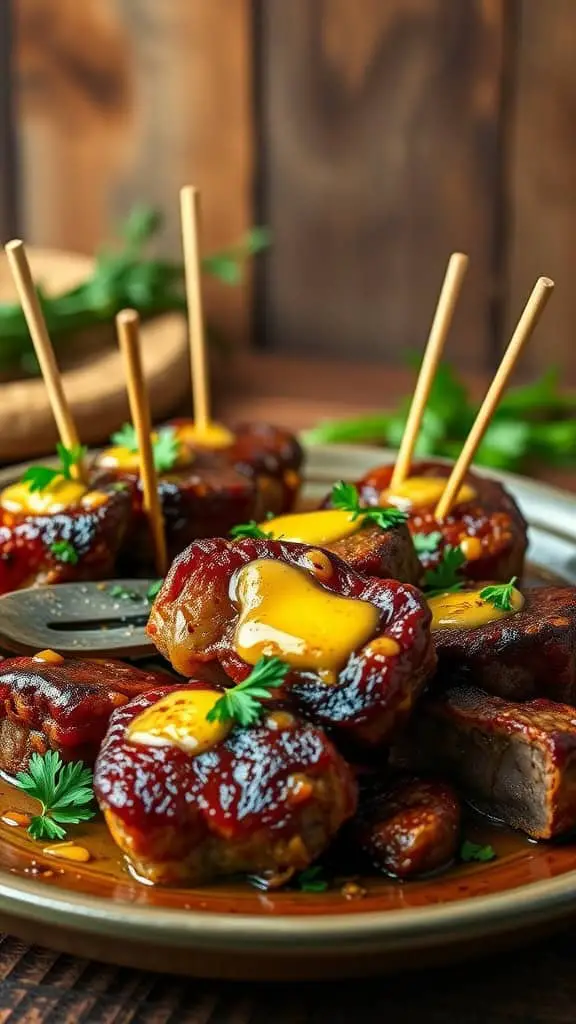 Slow cooker garlic butter steak bites on a plate, garnished with parsley.