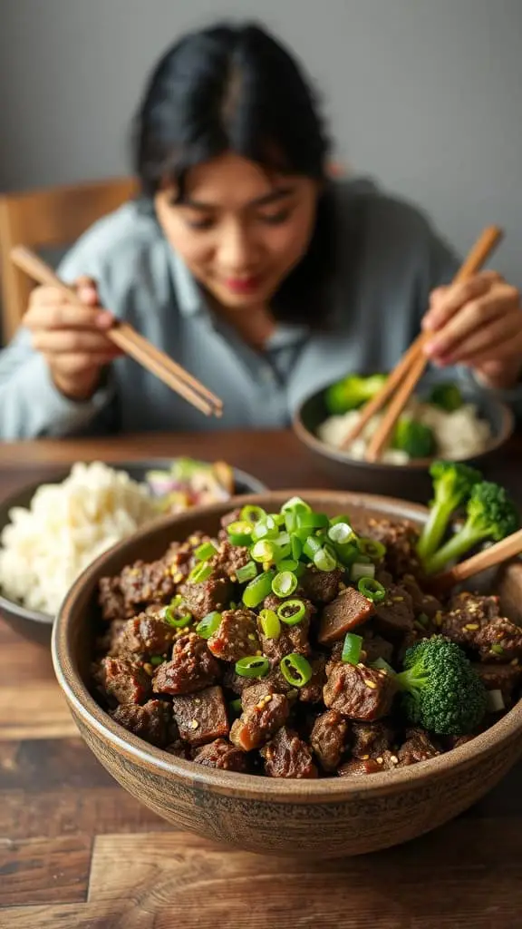 A delicious bowl of slow cooker Korean ground beef with green onions and broccoli.