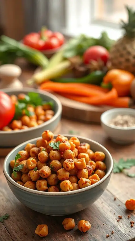 Bowl of smoky paprika roasted chickpeas with fresh herbs on a wooden table