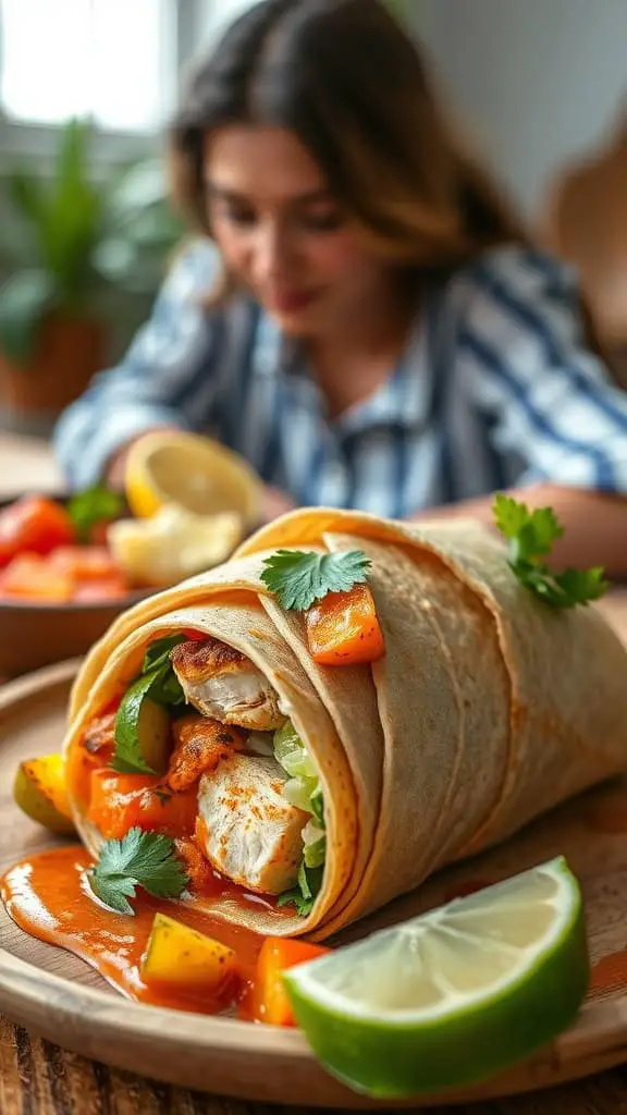 A delicious Southwest chicken wrap with fresh vegetables and a zesty sauce