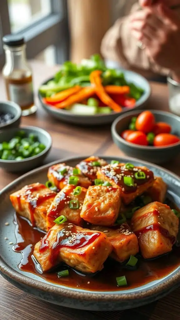 Soy-Free Teriyaki Salmon Bites served with green onions and sesame seeds.