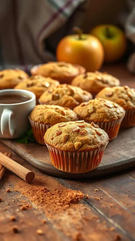 Spiced Apple Cinnamon Greek Yogurt Muffins on a wooden table with cinnamon and apples nearby.