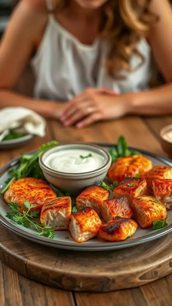 Plate of spicy cajun salmon bites served with a light yogurt dip