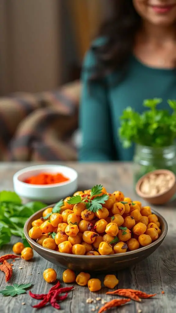 A bowl of spicy roasted chickpeas garnished with herbs, showcasing the appetizing golden color and texture.