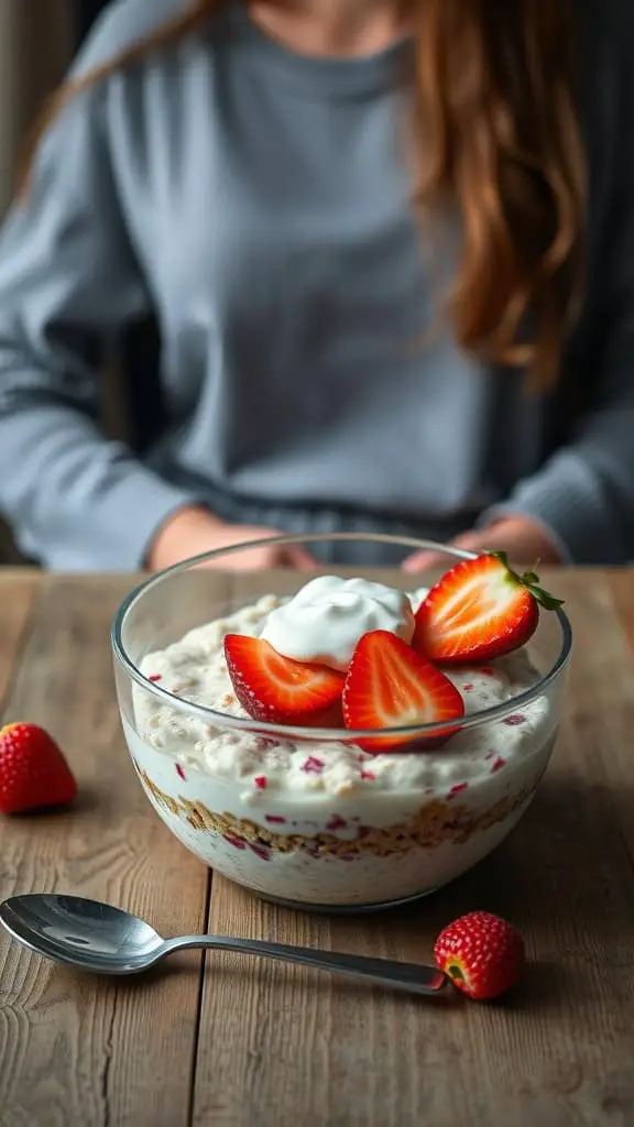 A bowl of strawberry cheesecake overnight oats topped with fresh strawberries and yogurt.