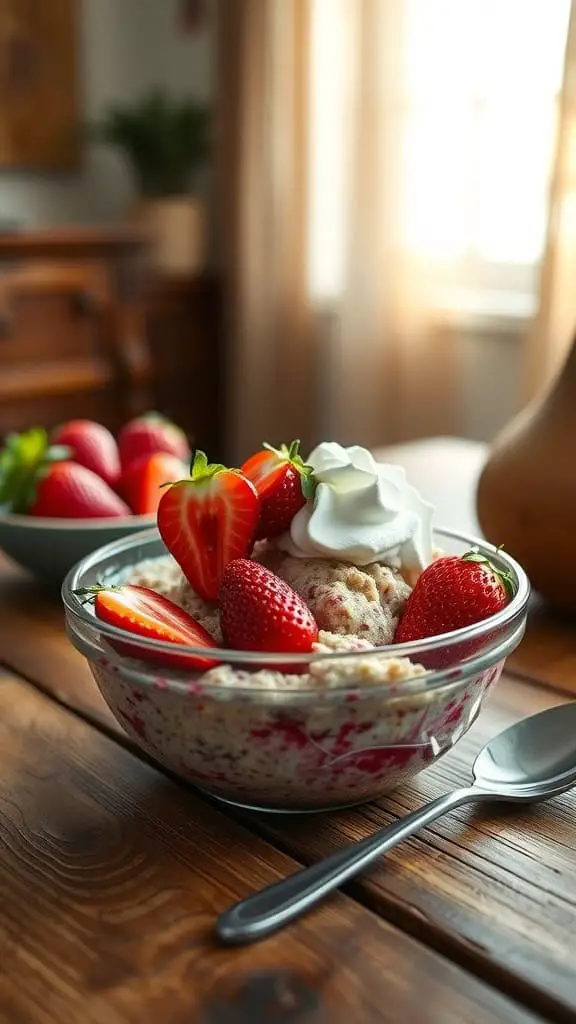 A bowl of strawberry shortcake high-protein overnight oats topped with fresh strawberries and whipped cream.