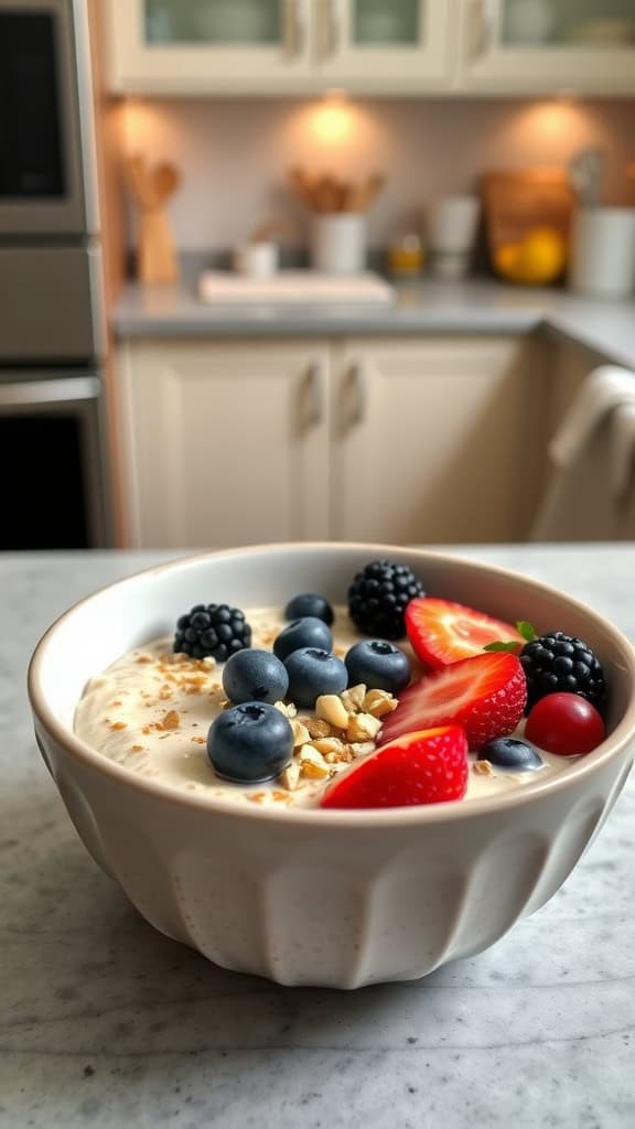 A bowl of sugar-free cheesecake overnight oats topped with fresh berries and granola.