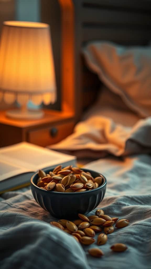 A bowl of sunflower seeds on a bedspread, with a cozy lamp in the background.