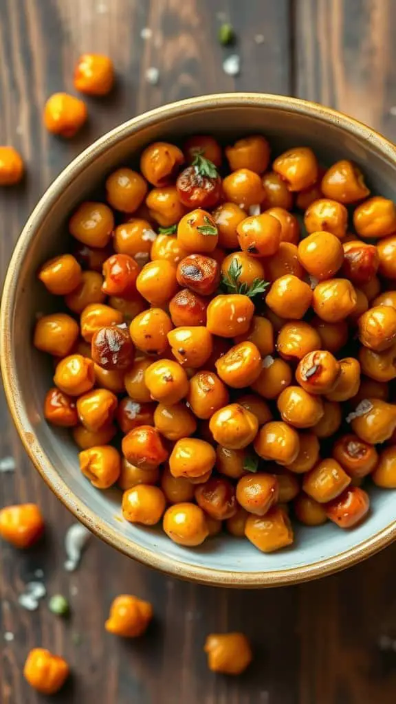 A bowl of sweet and salty roasted chickpeas sprinkled with salt and garnished with herbs.