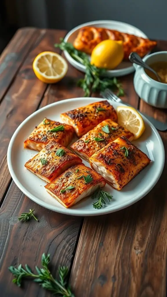 Sweet and savory brown sugar salmon bites on a plate, garnished with parsley.