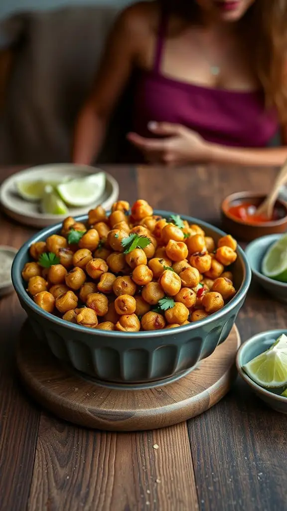 Bowl of taco-seasoned roasted chickpeas garnished with cilantro and served with lime.