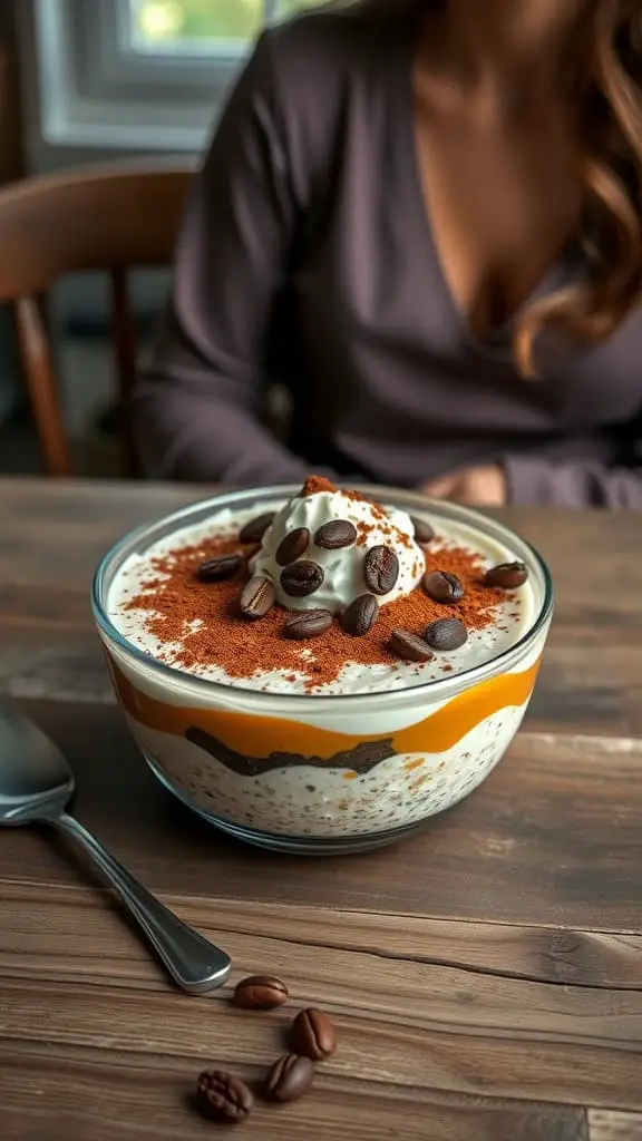 Delicious Tiramisu-Inspired High-Protein Overnight Oats served in a bowl, topped with cocoa powder and coffee beans.