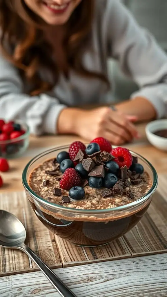 Bowl of triple chocolate overnight oats topped with fresh berries