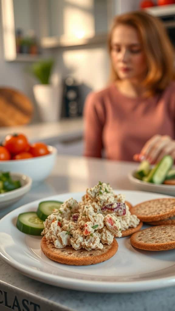 Plate of tuna salad served on whole-grain crackers with cucumber slices on the side.