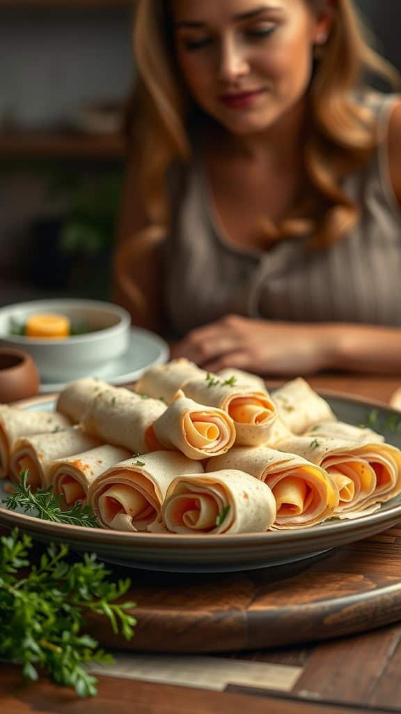 Turkey and cheese roll-ups on a plate, garnished with fresh herbs.