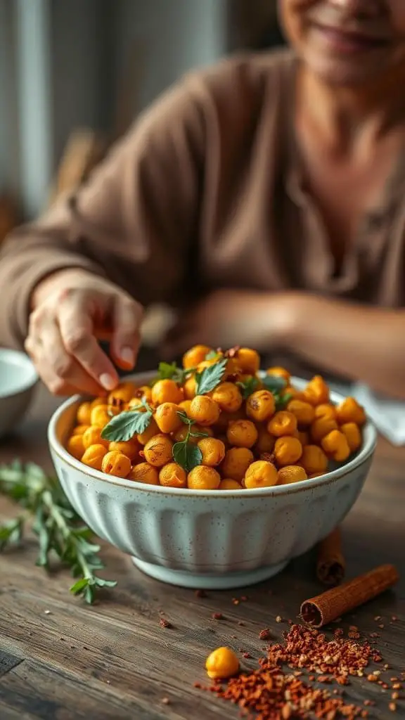 Turmeric Roasted Chickpeas in a white bowl with herbs and spices on a wooden table.