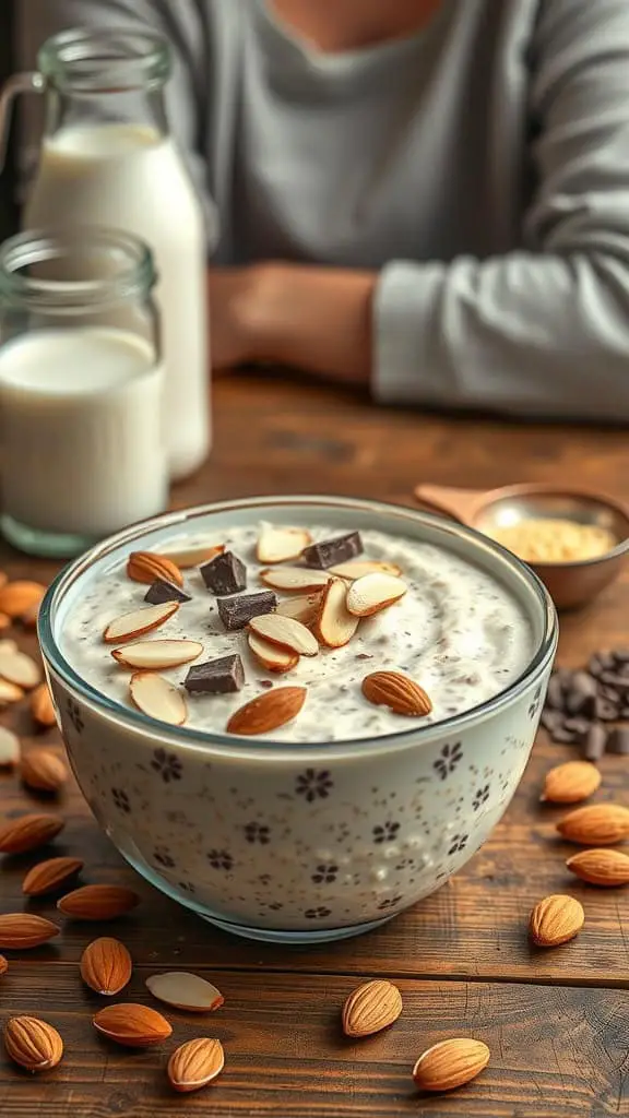 A bowl of Vanilla Almond Joy High-Protein Overnight Oats topped with almonds and chocolate chunks.