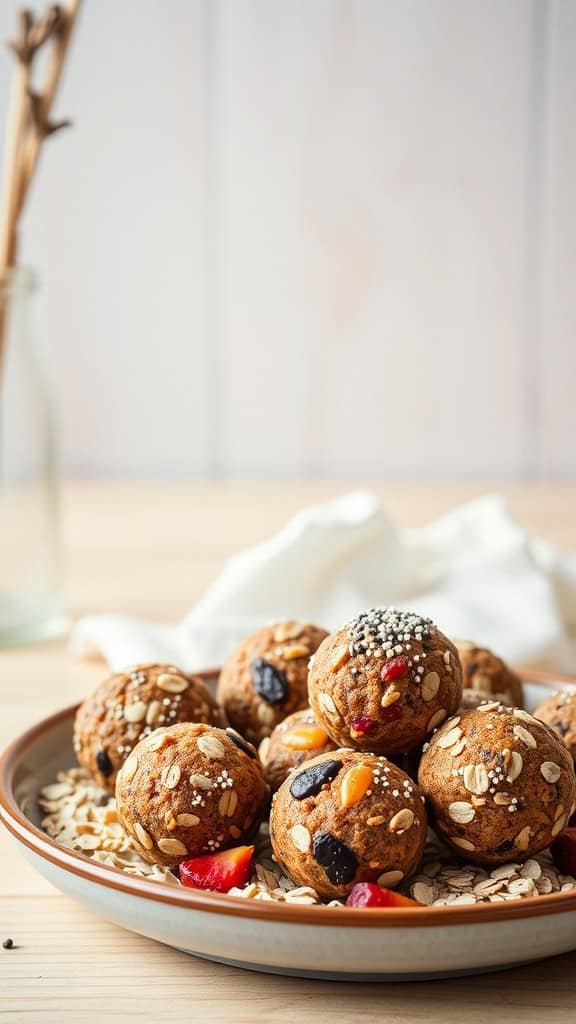 A plate of vegan energy balls made from oats, nuts, and dried fruits.