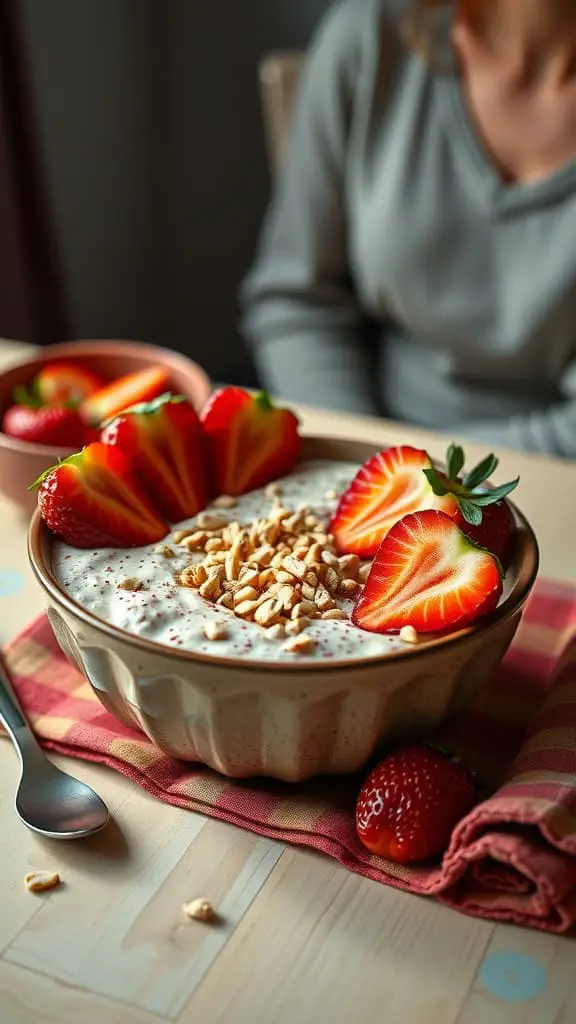 A bowl of Vegan Strawberry Cheesecake Overnight Oats topped with fresh strawberries and nuts.