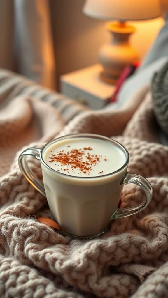 A cozy mug of warm almond milk topped with cinnamon, set on a knitted blanket.