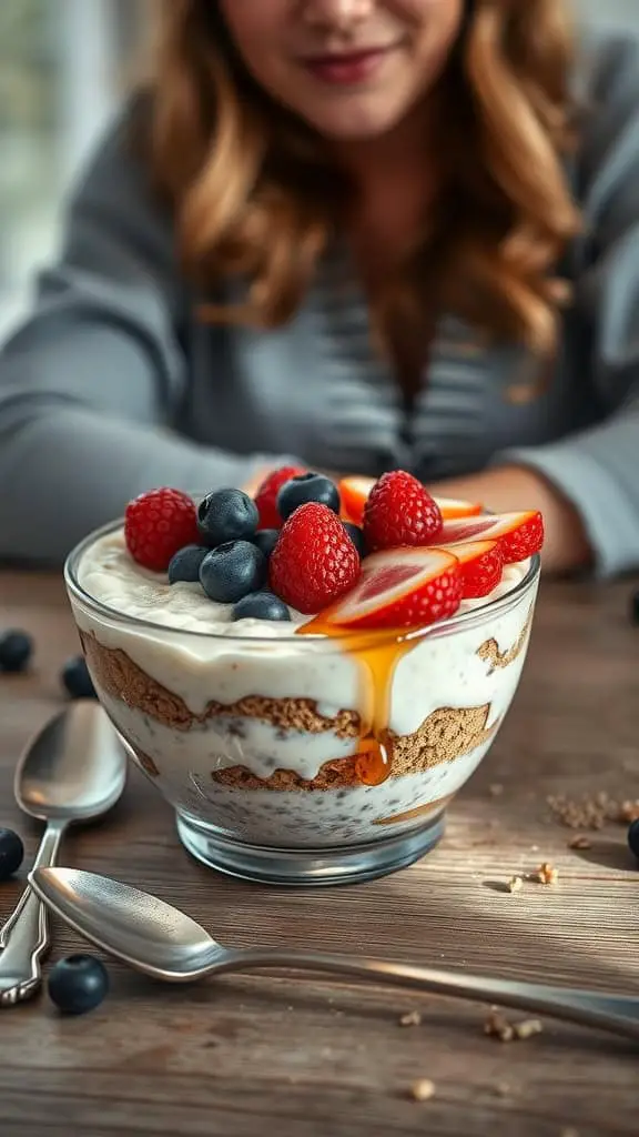 A delicious bowl of cheesecake overnight oats topped with fresh berries and a drizzle of honey.