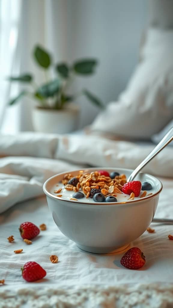 A bowl of whole-grain cereal topped with mixed berries, placed on a cozy bed.